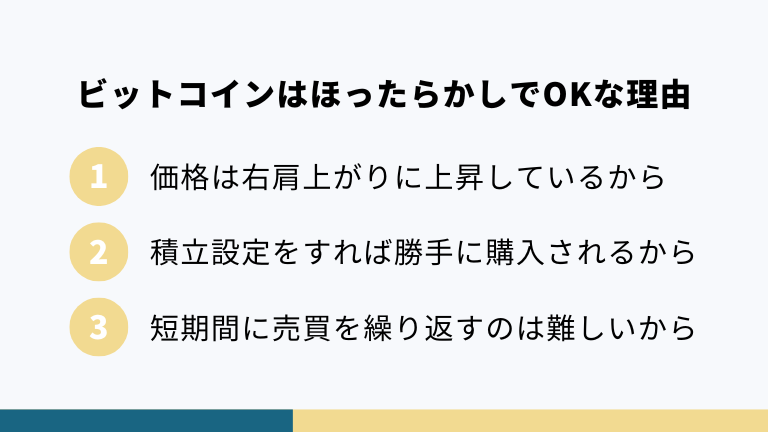 ビットコインはほったらかしでOKな理由は、①ビットコインの価格は右肩上がりに上昇しているから・②積み立ての設定をすれば勝手に購入されるから・③短期間の売買を繰り返すのは難しいから、の３つです。